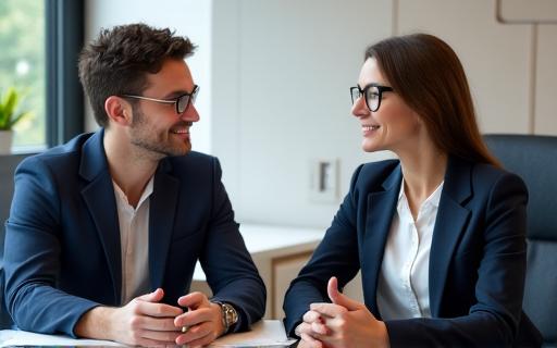 Two professionals in a focused one-on-one coaching session, discussing career goals.