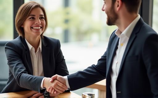 A confident candidate shaking hands during an interview, ready to impress.
