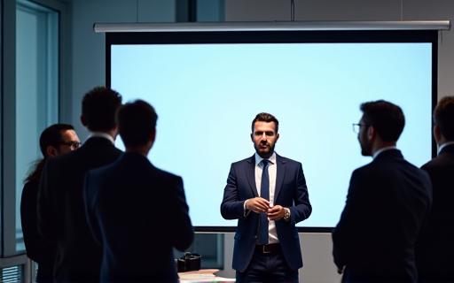 An executive presenting to their team in a modern office, demonstrating leadership.