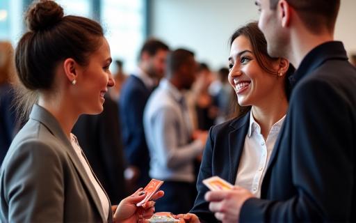 Diverse professionals connecting at a networking event, exchanging ideas and cards.